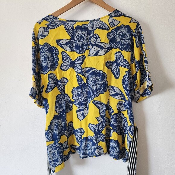 Womens Vineet Bahl Small Floral Short Sleeve Tie Waist Yellow Blue - Picture 8 of 9